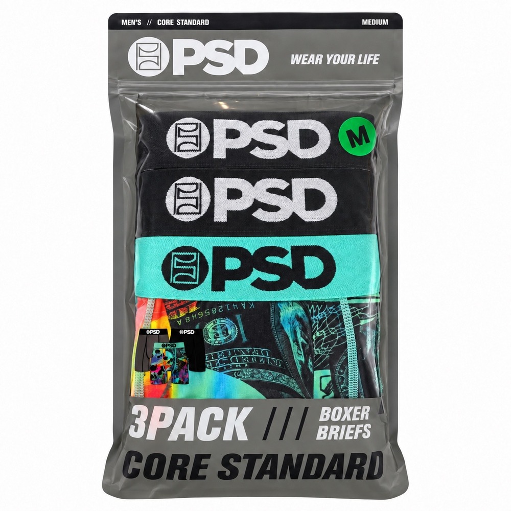 PSD Mens 3-Pack Boxer Briefs Core Standard Skull Money Black Teal M
